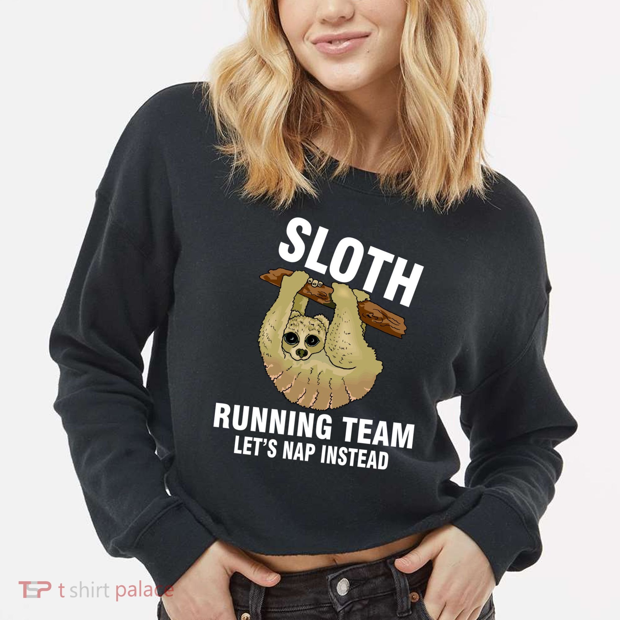 Sloth Running Team Let's Nap Instead Cropped Pullover Crew