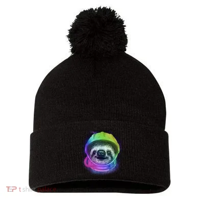 Sloth Spaceman Pom Pom 12in Knit Beanie