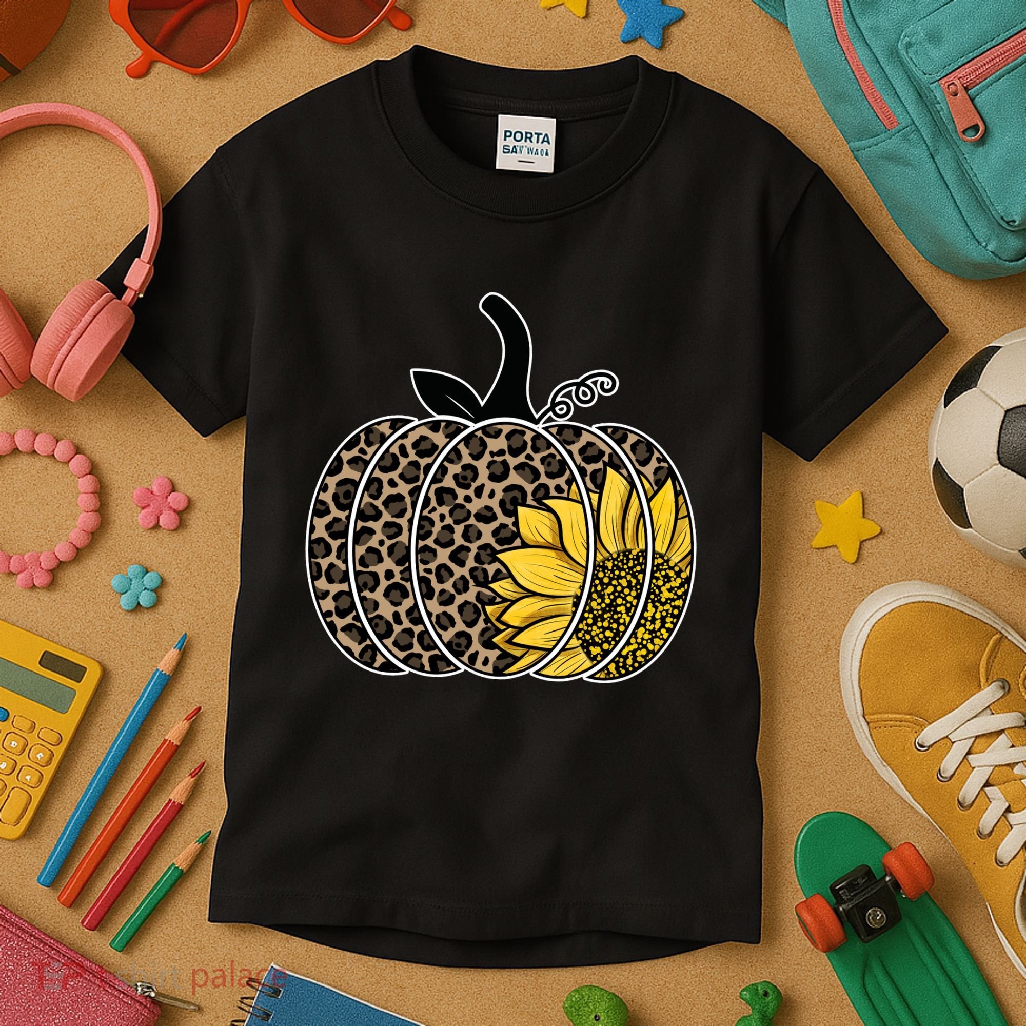 Sunflower Leopard Pumpkin Kids T-Shirt