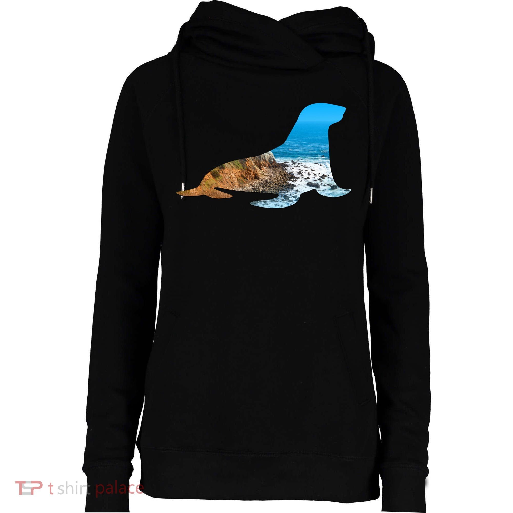 Sea Lion Seal Lovers Silhouette Earth Day And Ocean Week Gift Womens Funnel Neck Pullover Hood