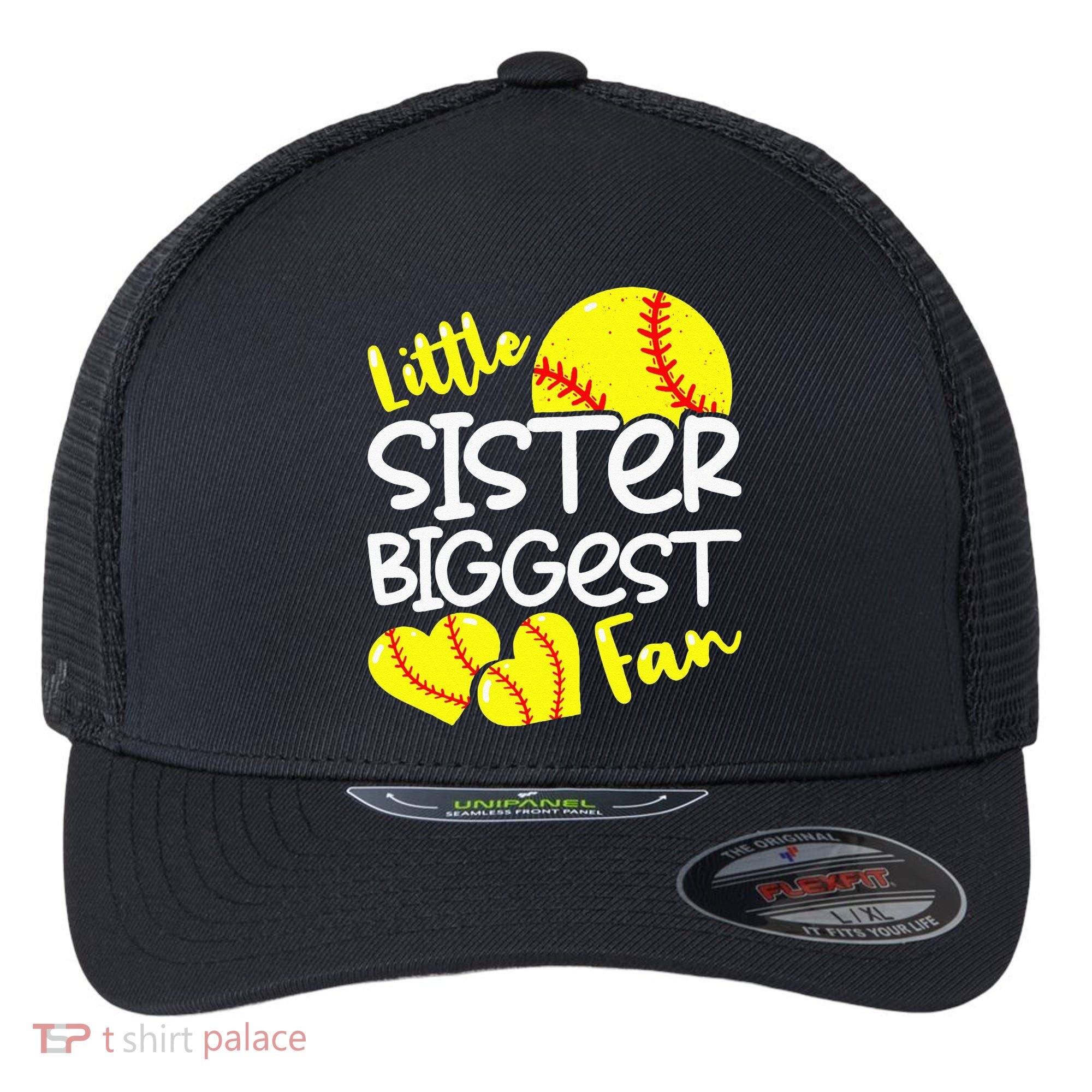 Softball Little Sister Biggest Fan Flexfit Unipanel Trucker Cap