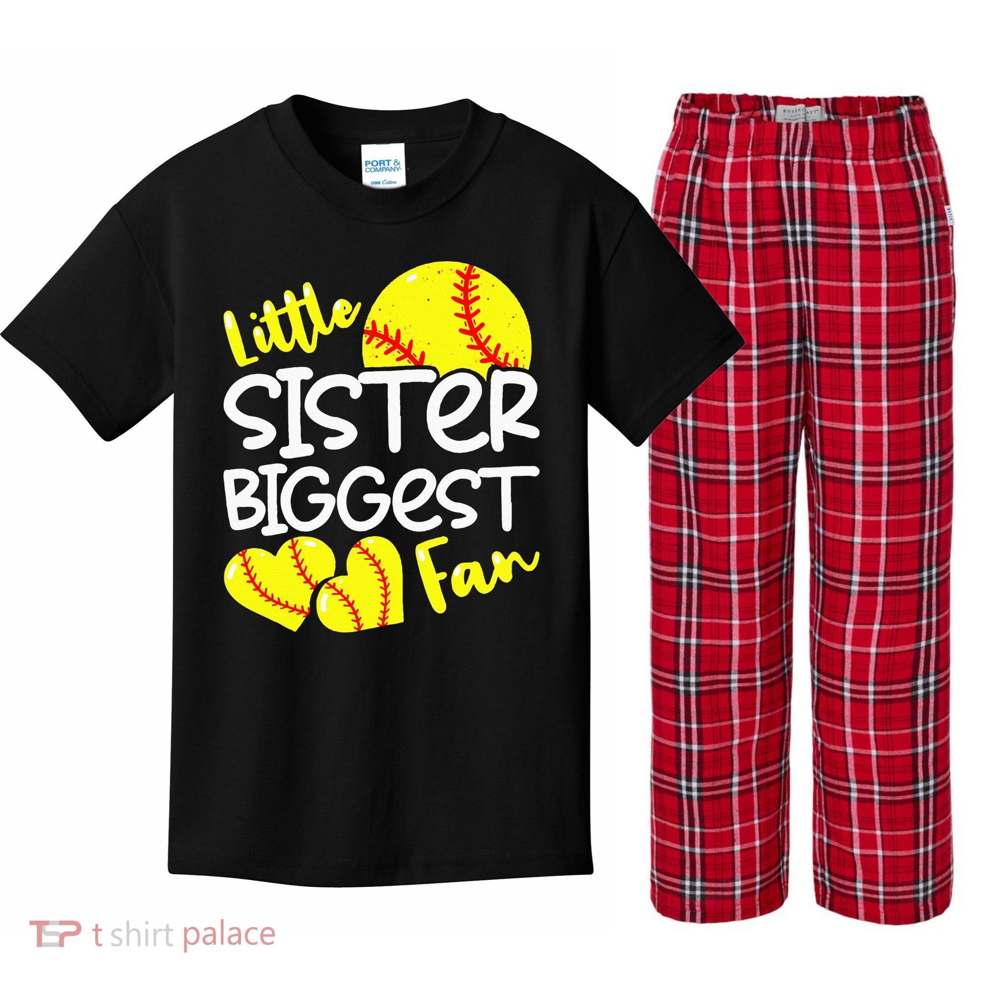 Softball Little Sister Biggest Fan Kids Plaid Pajama Set