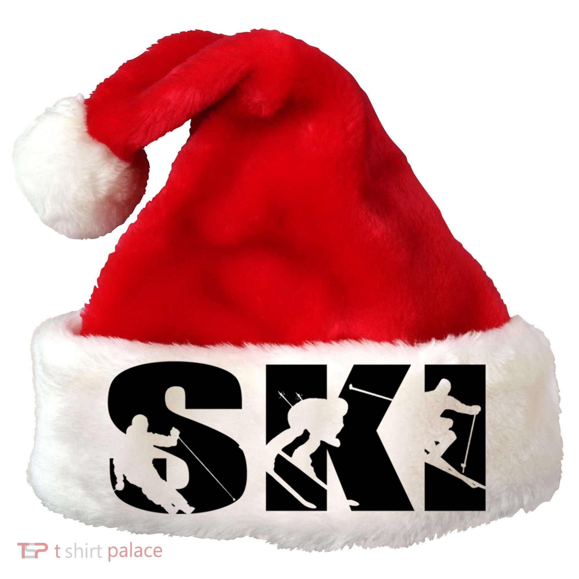 Ski Long Sleeve Tshirt For Skiing Lovers Silhouette Skiers Santa Hat