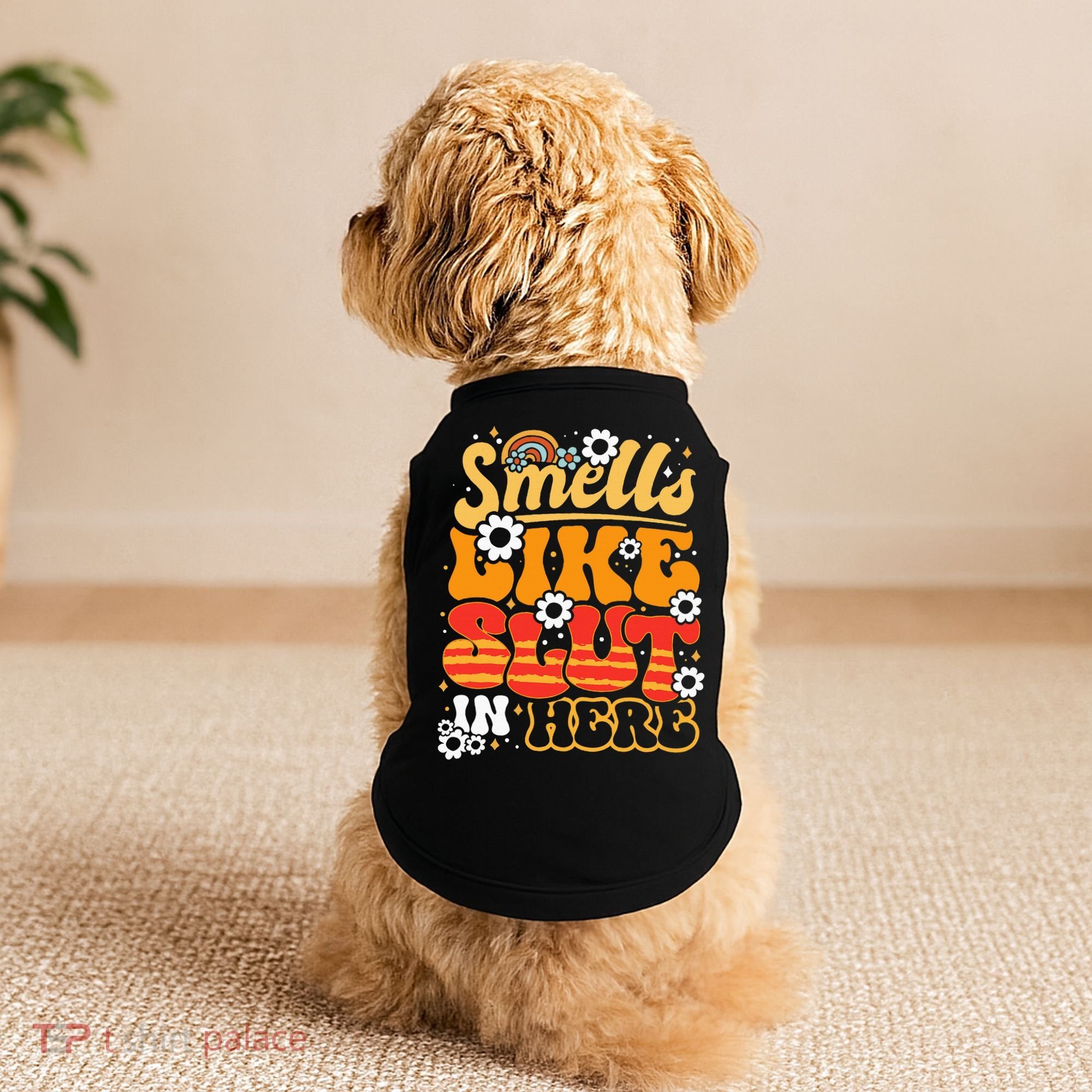Smells Like Slut In Here Offensive Adult Humor Retro Groovy Doggie Tank