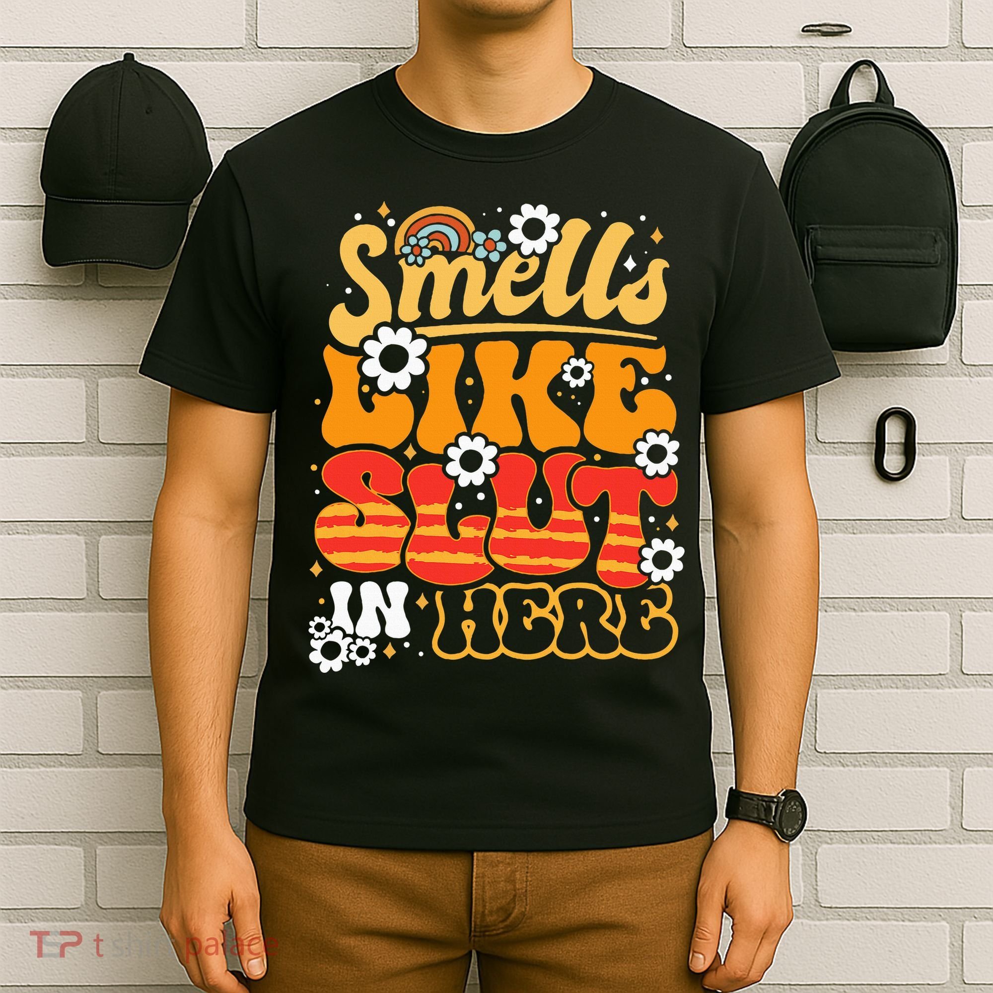 Smells Like Slut In Here Offensive Adult Humor Retro Groovy T-Shirt