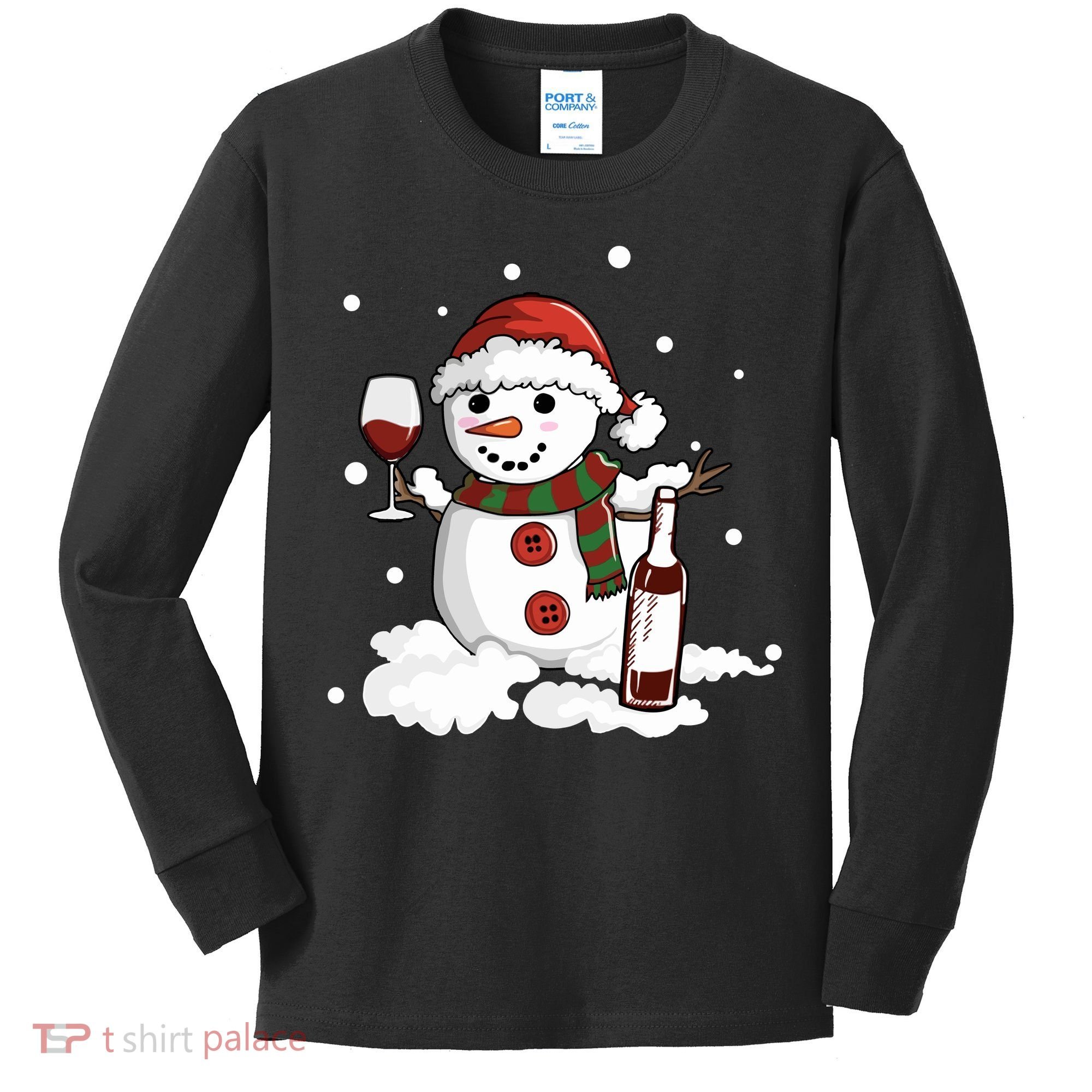 Snowman Love Wine Drink Lady Cool Snow Christmas Kids Long Sleeve Shirt