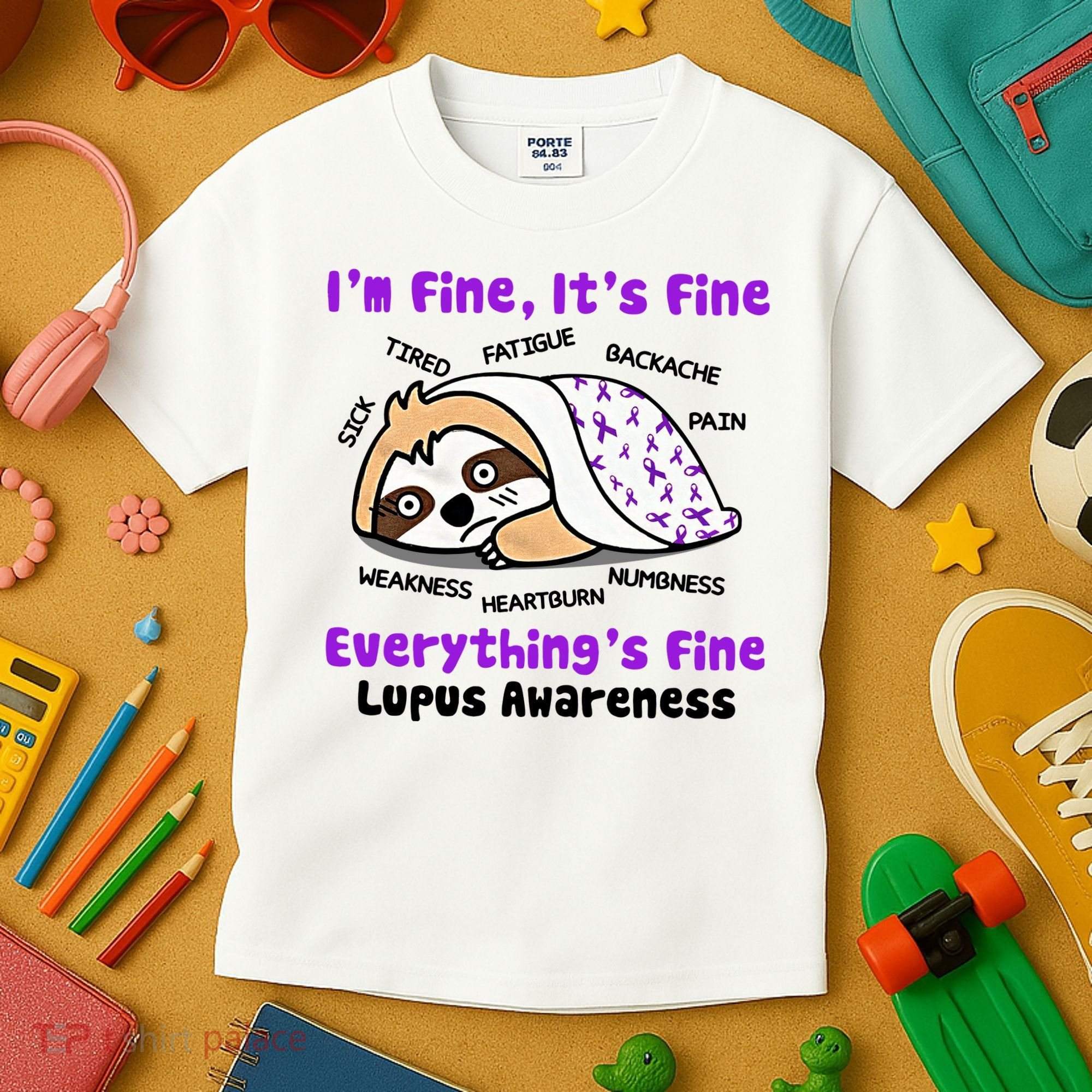 Sloth Lupus Warrior I'm Fine It's Fine Everything's Fine Invisible Illness Kids T-Shirt