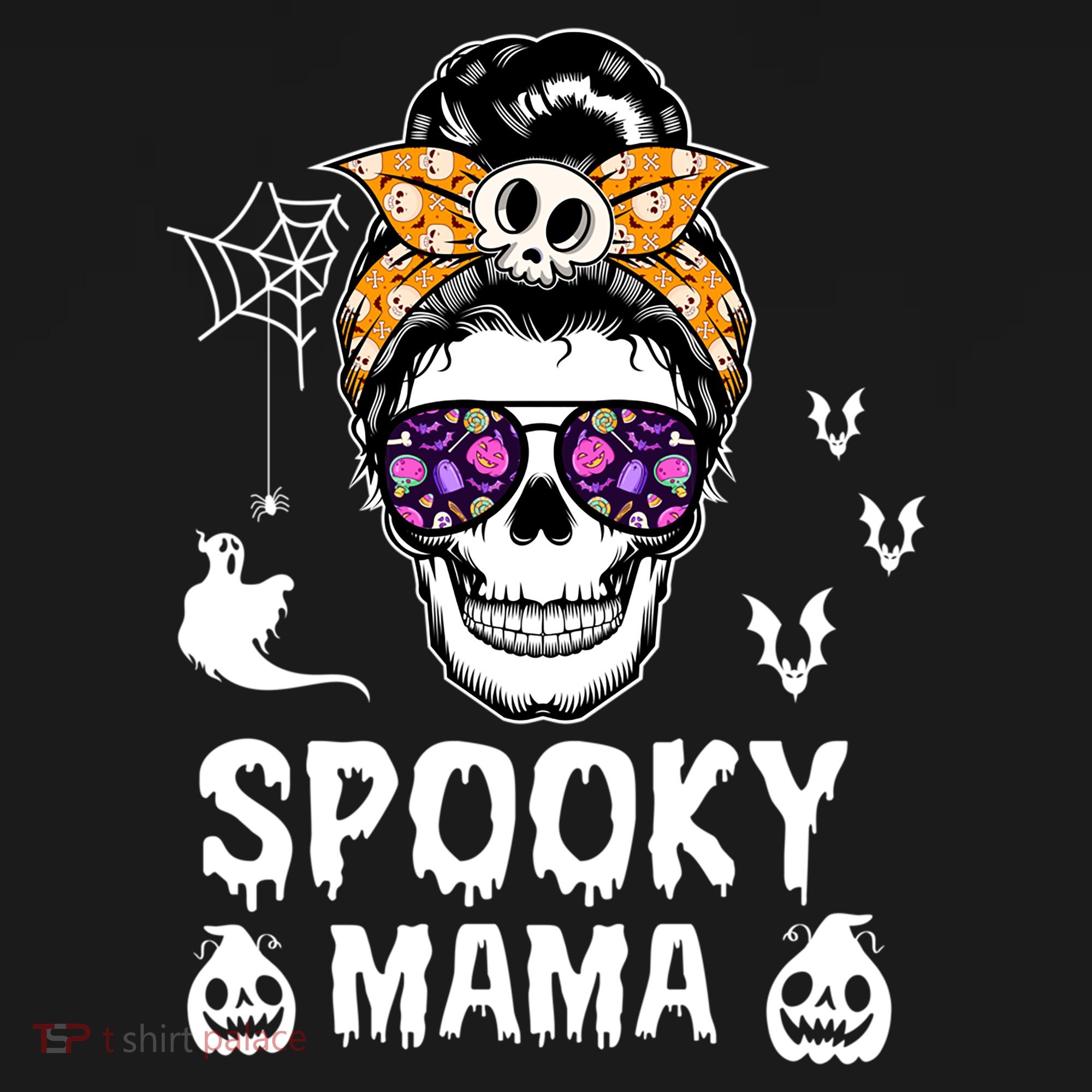 Skull Messy Bun Halloween Spooky Mama Mom Halloween Gift Pajama Set