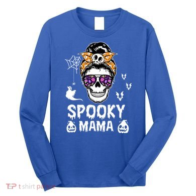 Skull Messy Bun Halloween Spooky Mama Mom Halloween Gift Long Sleeve Shirt