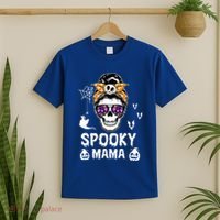 Skull Messy Bun Halloween Spooky Mama Mom Halloween Gift T-Shirt thumb 2