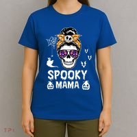 Skull Messy Bun Halloween Spooky Mama Mom Halloween Gift T-Shirt thumb 4