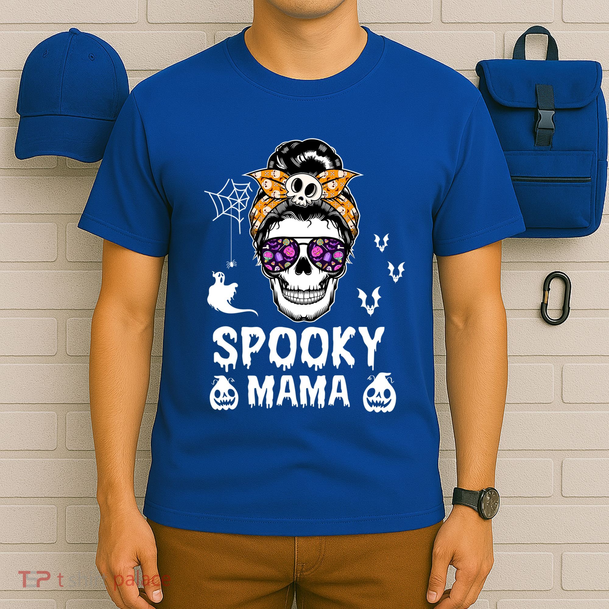Skull Messy Bun Halloween Spooky Mama Mom Halloween Gift T-Shirt