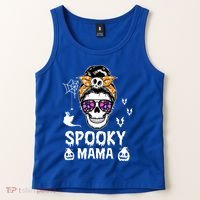 Skull Messy Bun Halloween Spooky Mama Mom Halloween Gift Tank Top thumb 2