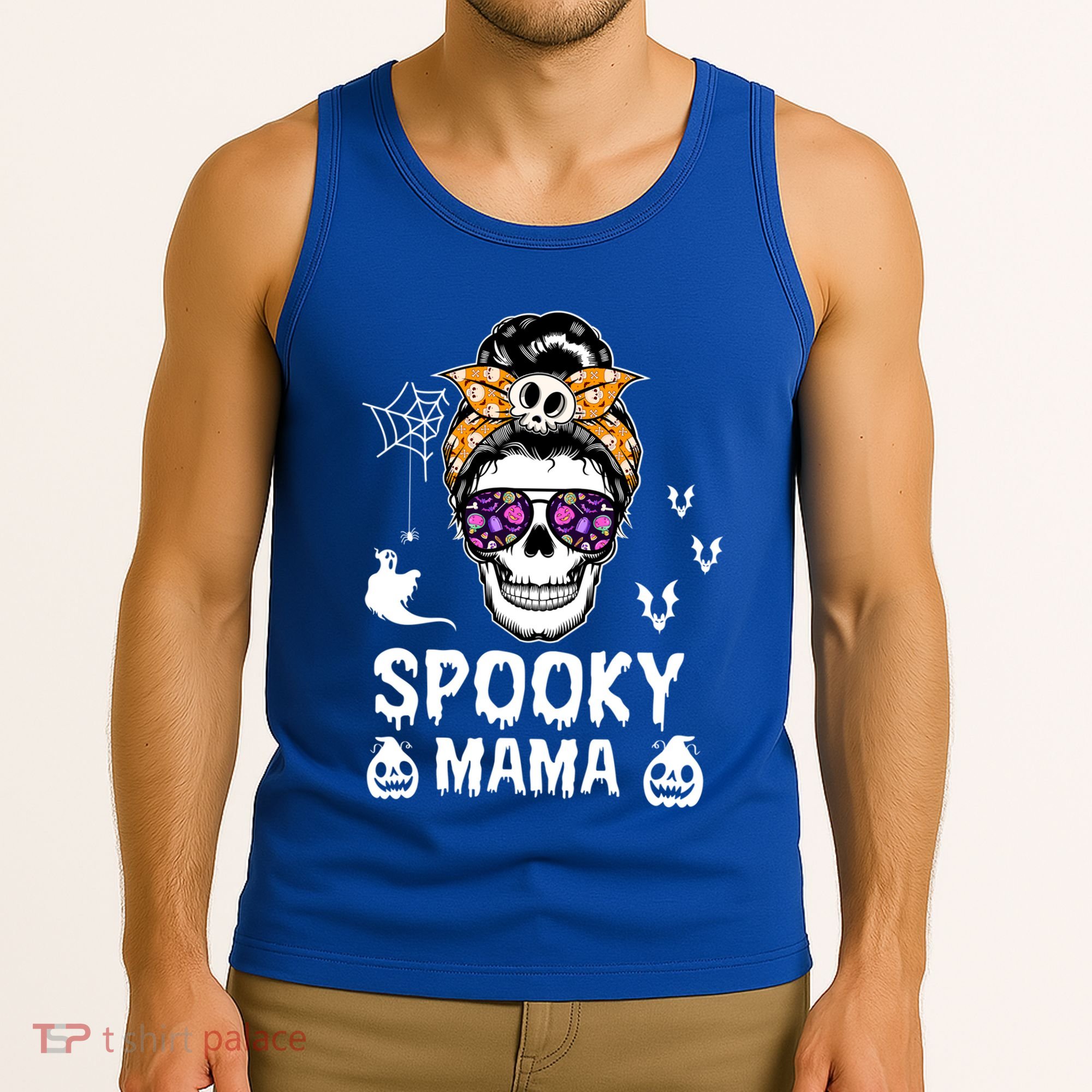 Skull Messy Bun Halloween Spooky Mama Mom Halloween Gift Tank Top