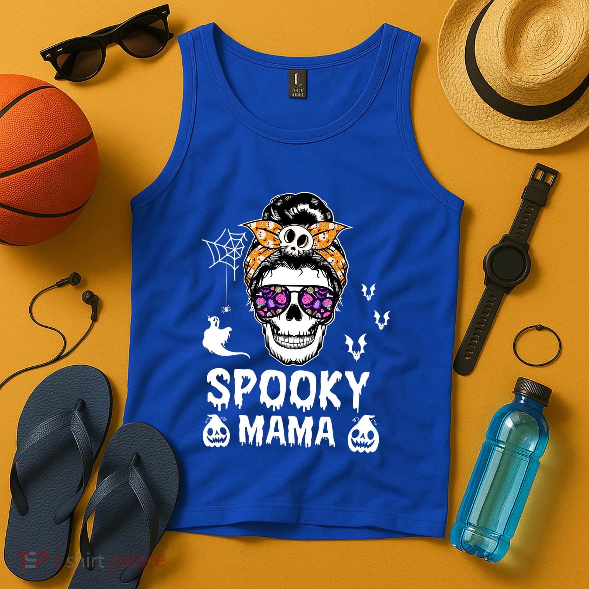 Skull Messy Bun Halloween Spooky Mama Mom Halloween Gift Tank Top