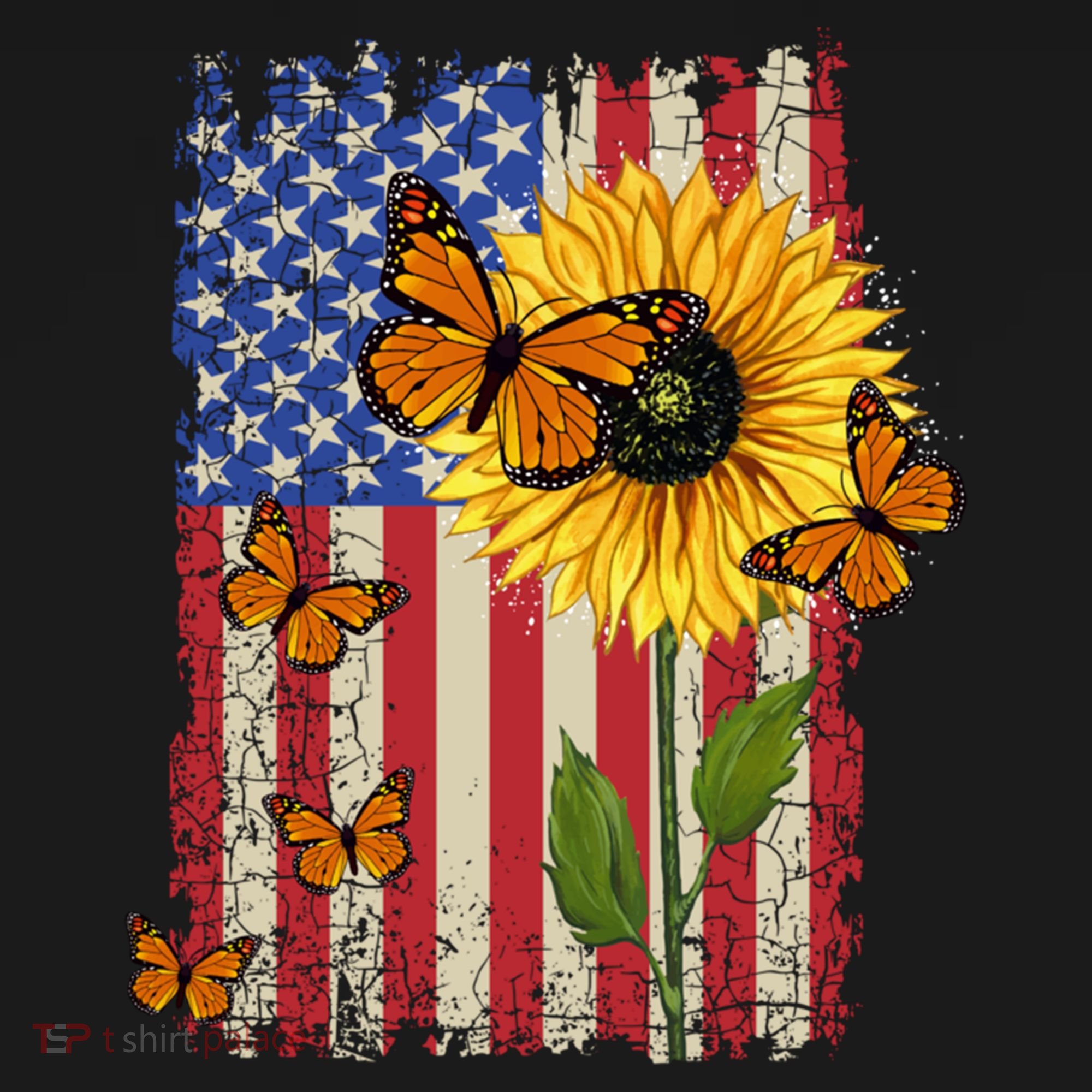 Sunflower Monarch Butterflies Patriotic American Flag Gift Bucket Hat