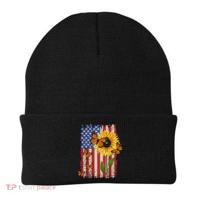Sunflower Monarch Butterflies Patriotic American Flag Gift Beanie
