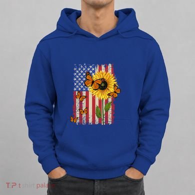 Sunflower Monarch Butterflies Patriotic American Flag Gift Hoodie