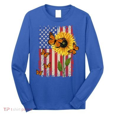 Sunflower Monarch Butterflies Patriotic American Flag Gift Long Sleeve Shirt