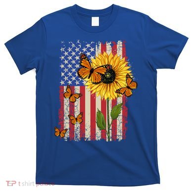 Sunflower Monarch Butterflies Patriotic American Flag Gift T-Shirt