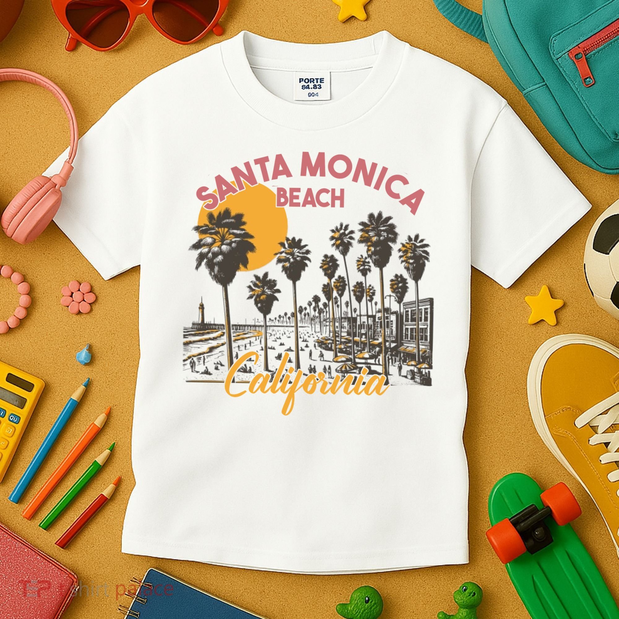 Santa Monica Beach California Summer Sunset Retro Kids T-Shirt
