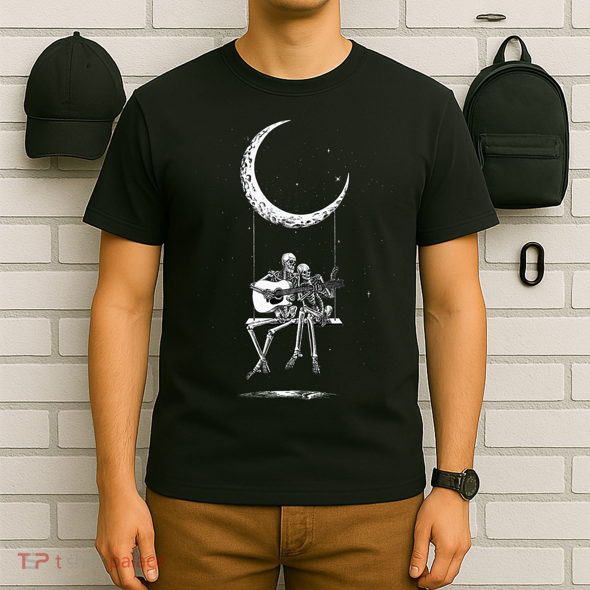 Skeleton Moon Band Tees Rock And Roll Concert Graphic Tees T-Shirt