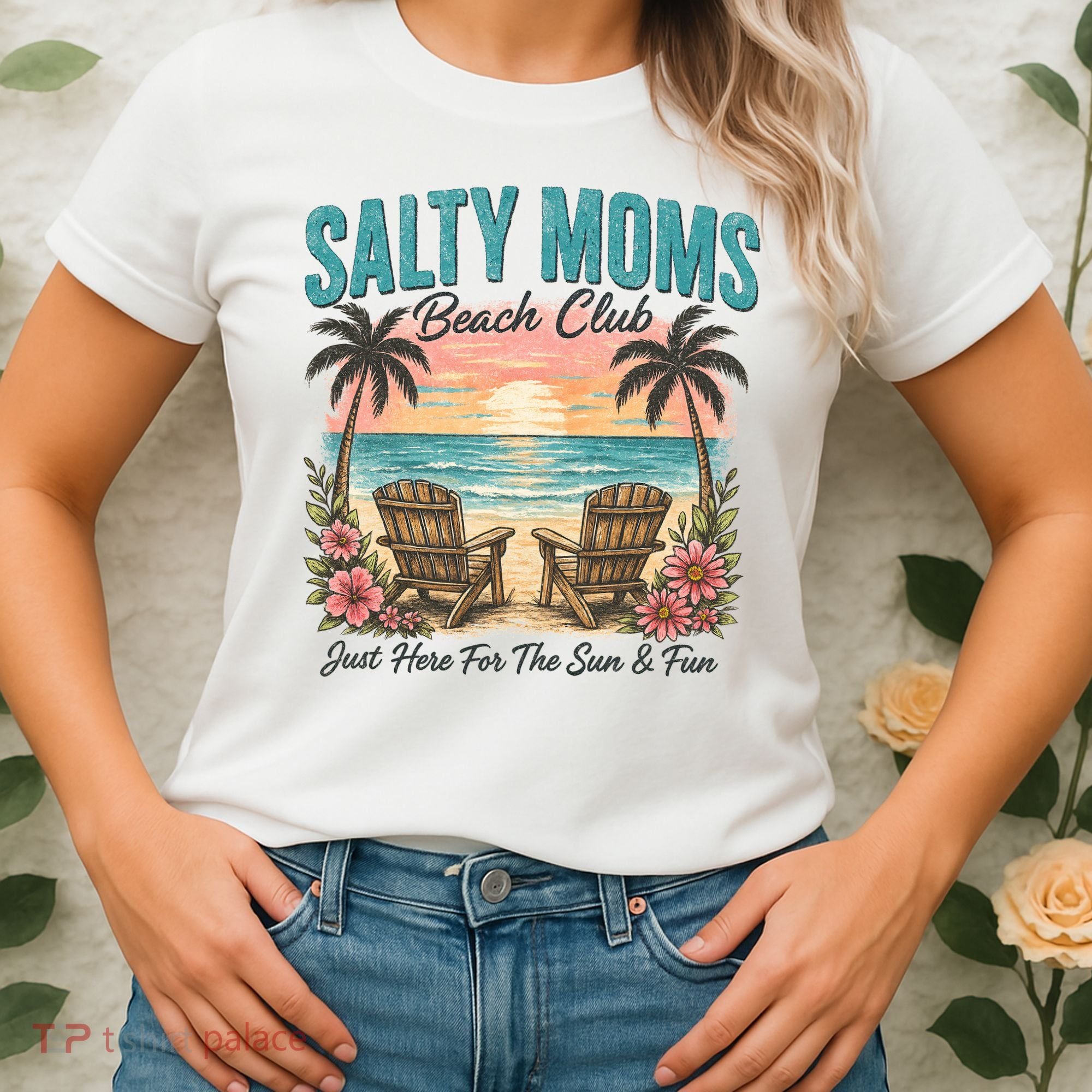 Salty Moms Beach Club Just Here For The Sun And Fun Beach Summer Matching Team Women's T-Shirt