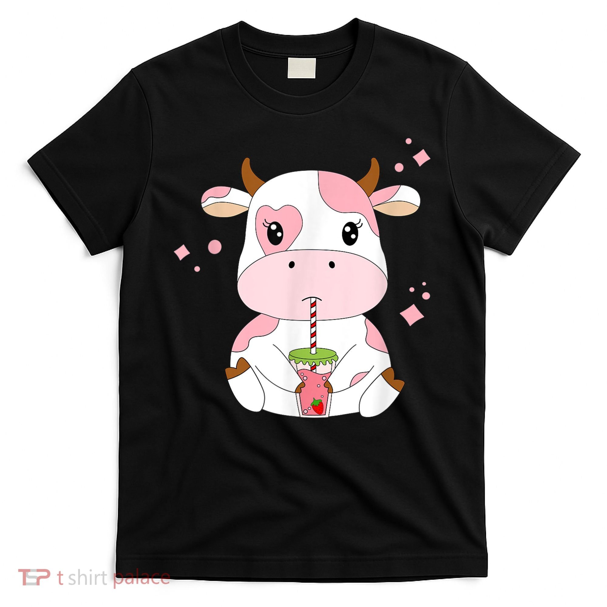 Strawberry Milk Cute Kawaii Aesthetic Pink Cow Print T-Shirt