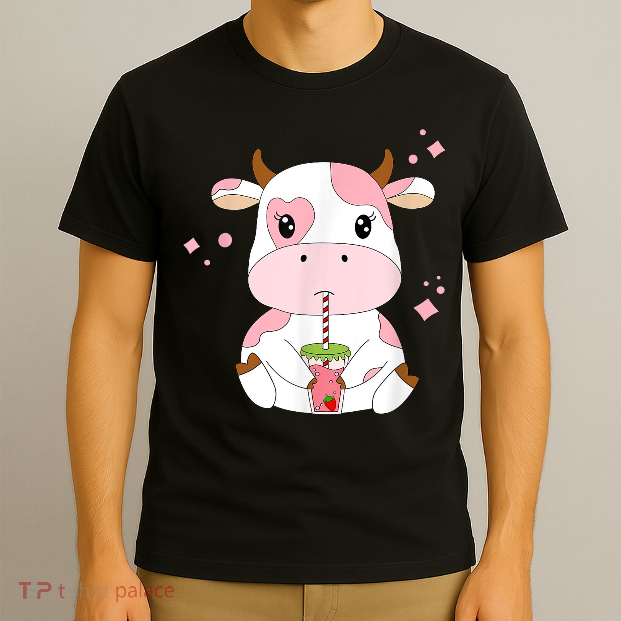 Strawberry Milk Cute Kawaii Aesthetic Pink Cow Print T-Shirt