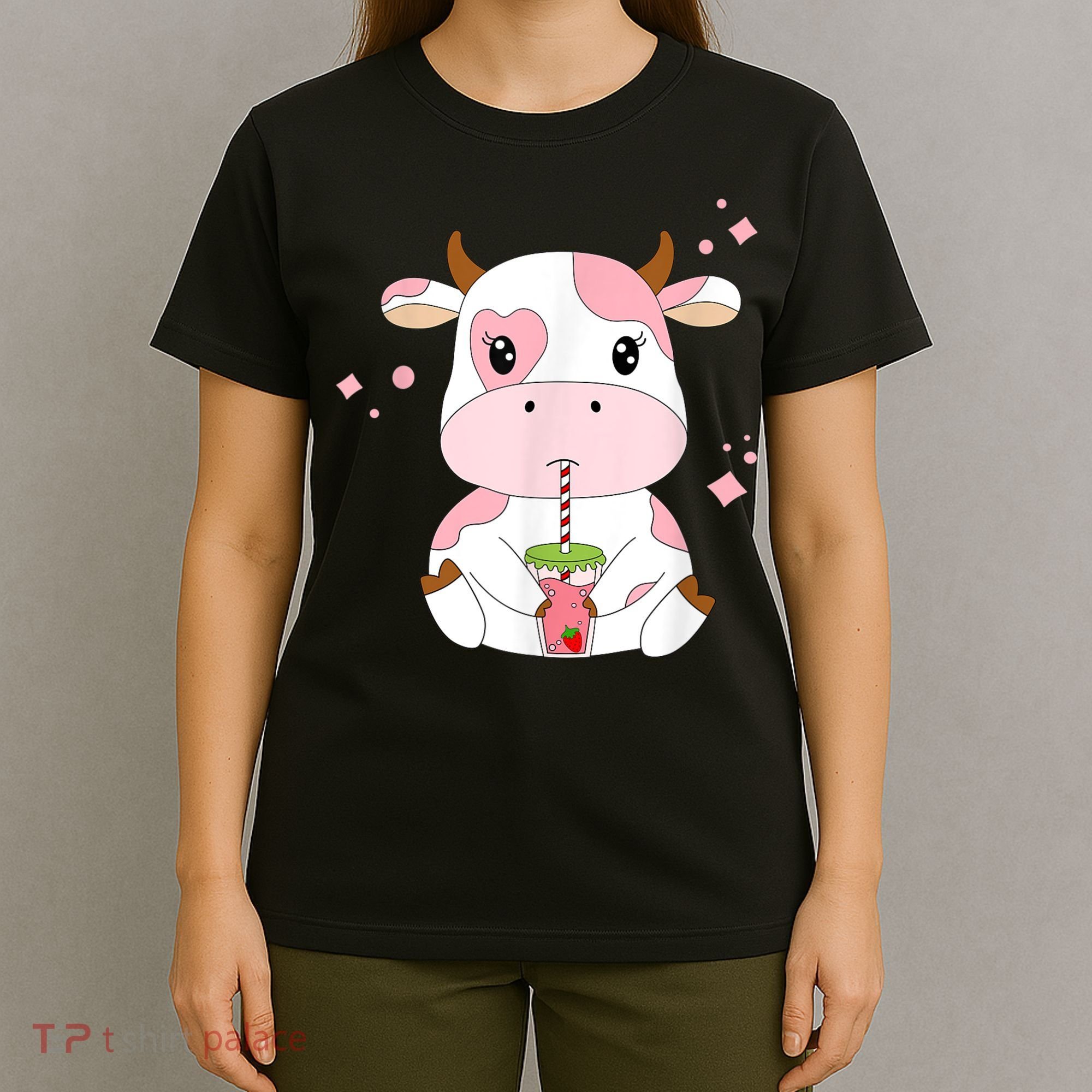 Strawberry Milk Cute Kawaii Aesthetic Pink Cow Print T-Shirt
