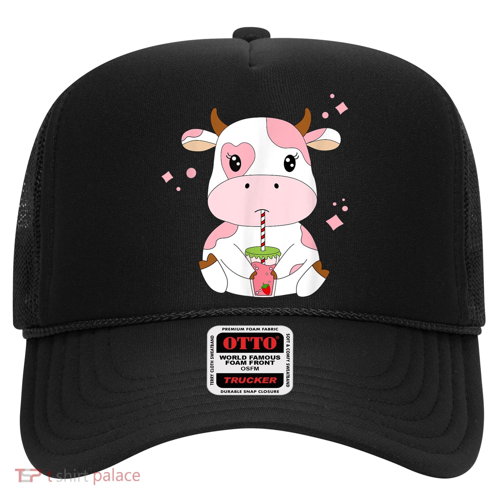 Strawberry Milk Cute Kawaii Aesthetic Pink Cow Print Hat
