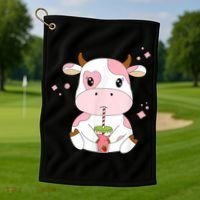 Strawberry Milk Cute Kawaii Aesthetic Pink Cow Print Golf Towel thumb 1