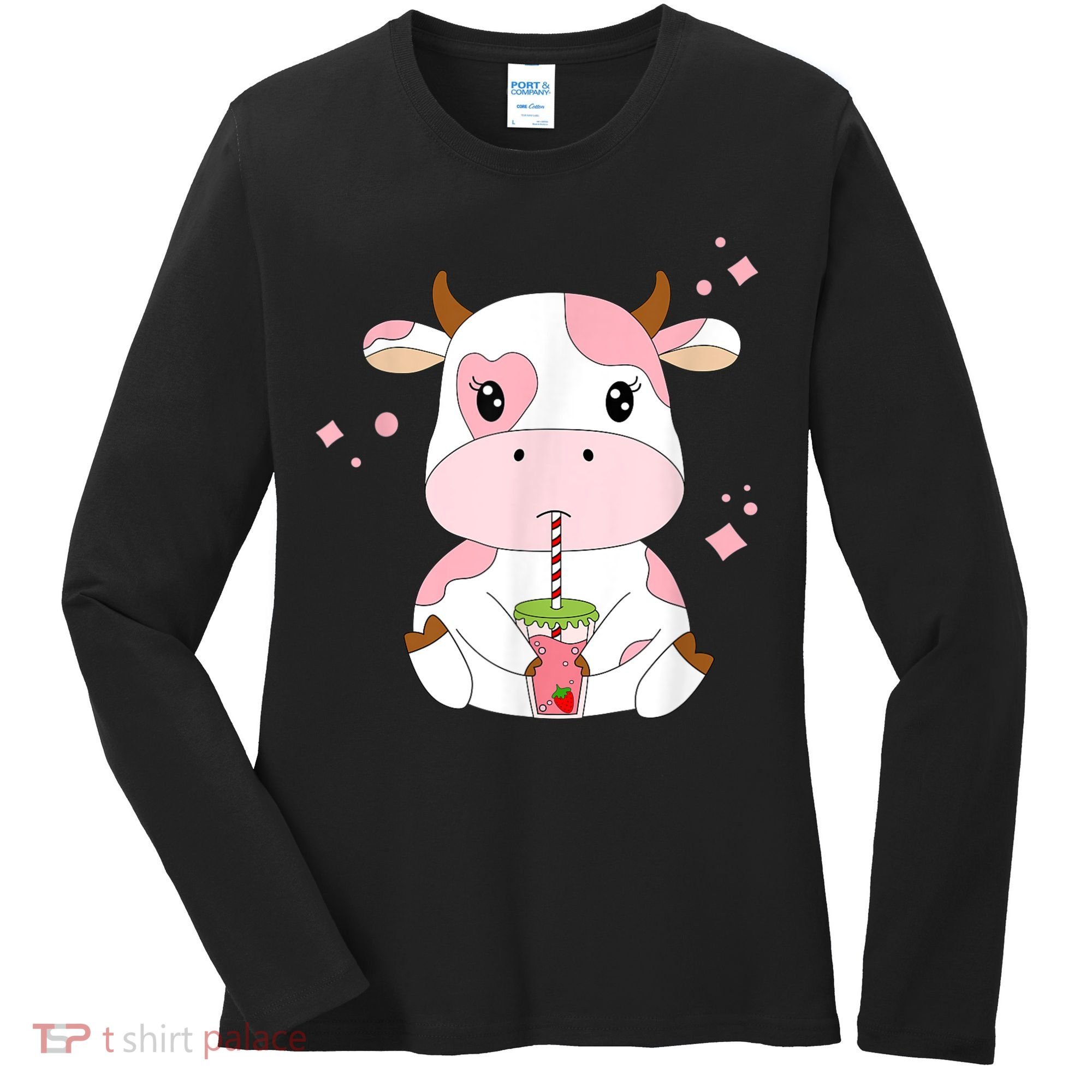 Strawberry Milk Cute Kawaii Aesthetic Pink Cow Print Women's Long Sleeve Shirt