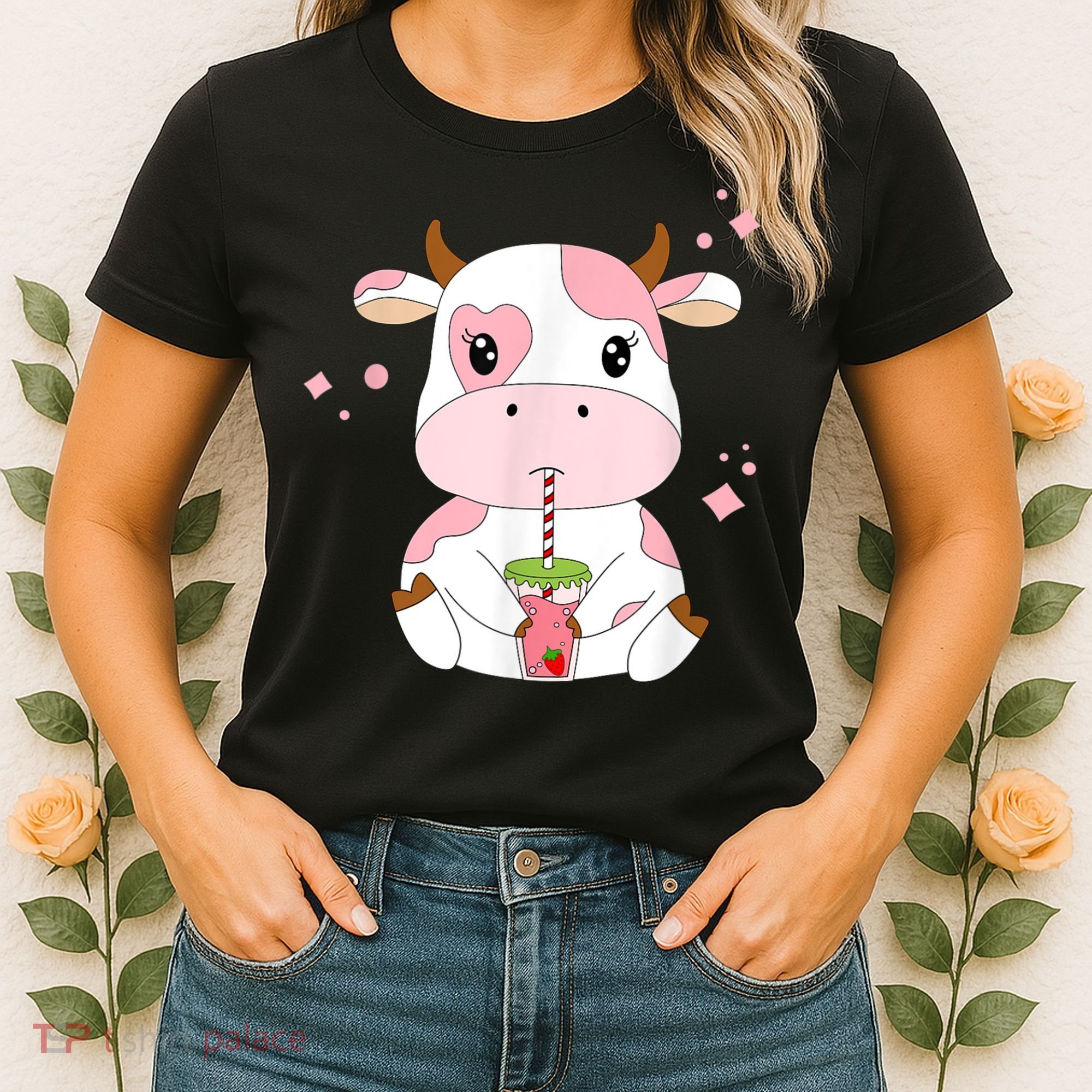 Strawberry Milk Cute Kawaii Aesthetic Pink Cow Print Women's T-Shirt