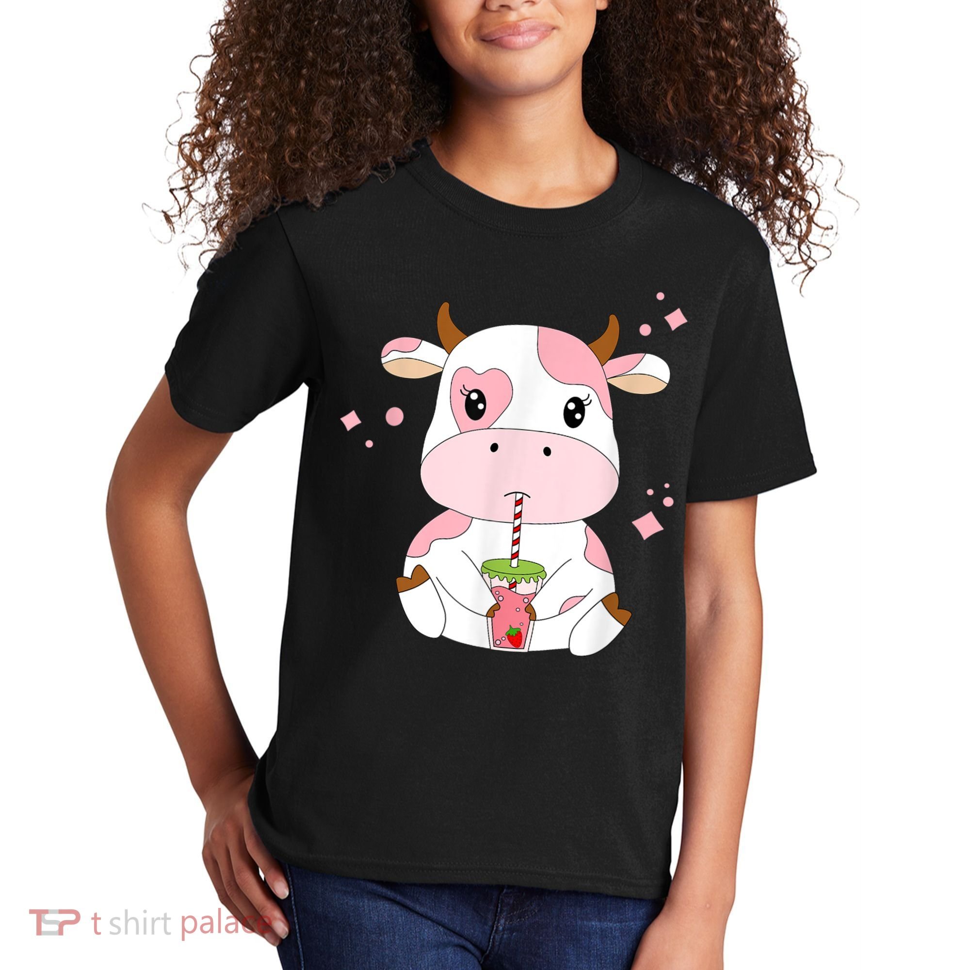Strawberry Milk Cute Kawaii Aesthetic Pink Cow Print Kids T-Shirt