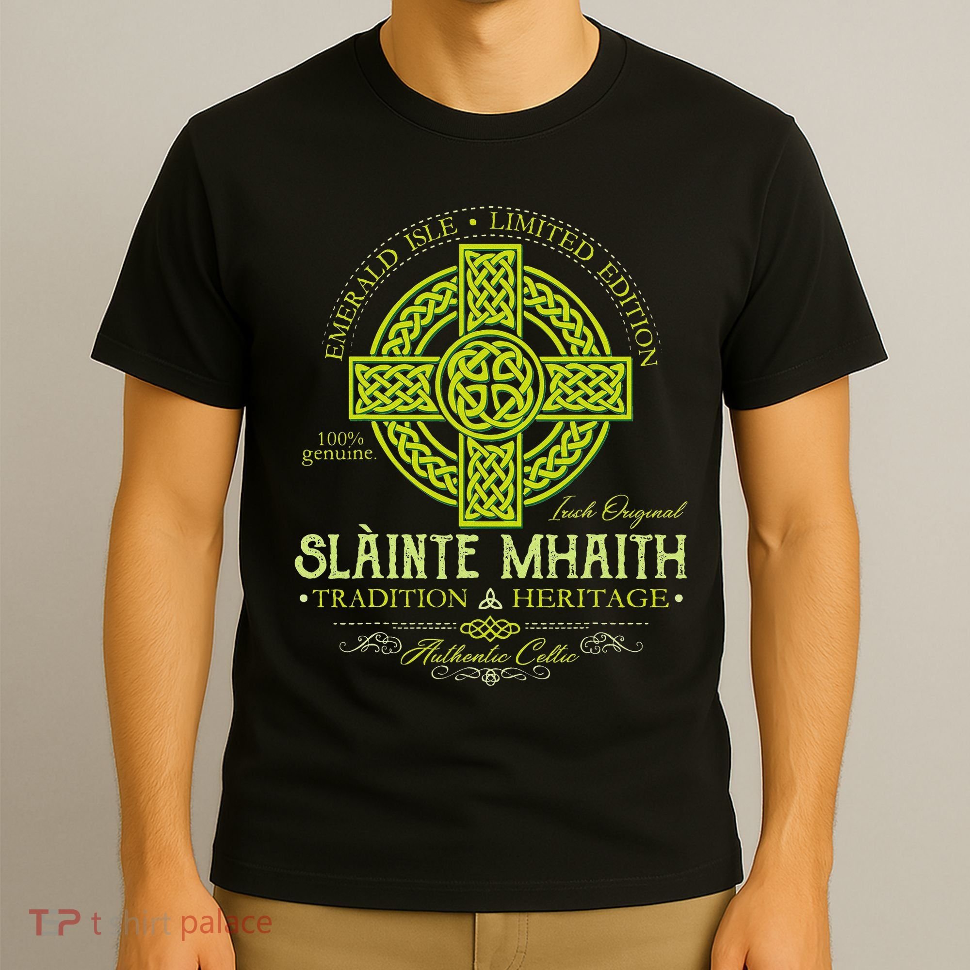 Slainte Mhaith Celtic Knot Cross Irish Original Green T-Shirt