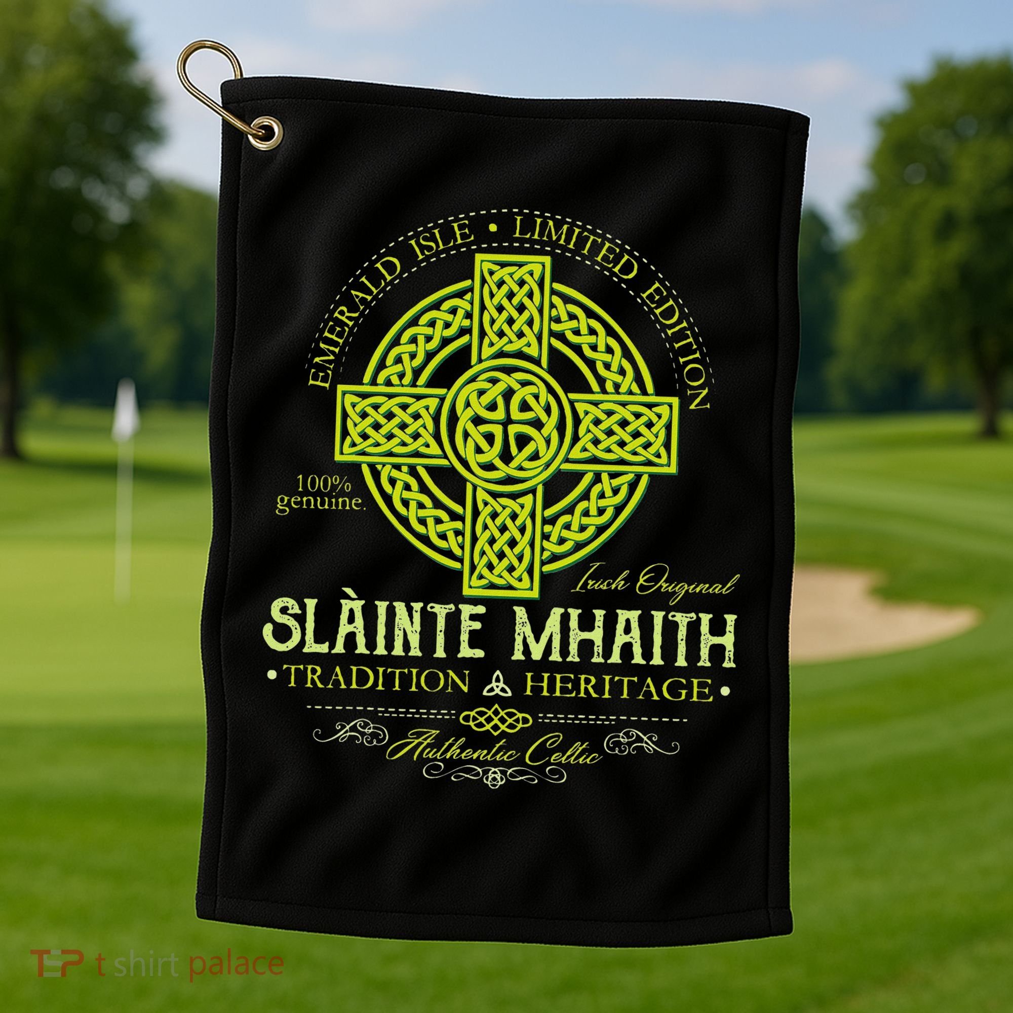 Slainte Mhaith Celtic Knot Cross Irish Original Green Golf Towel