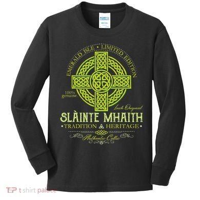 Slainte Mhaith Celtic Knot Cross Irish Original Green Kids Long Sleeve Shirt