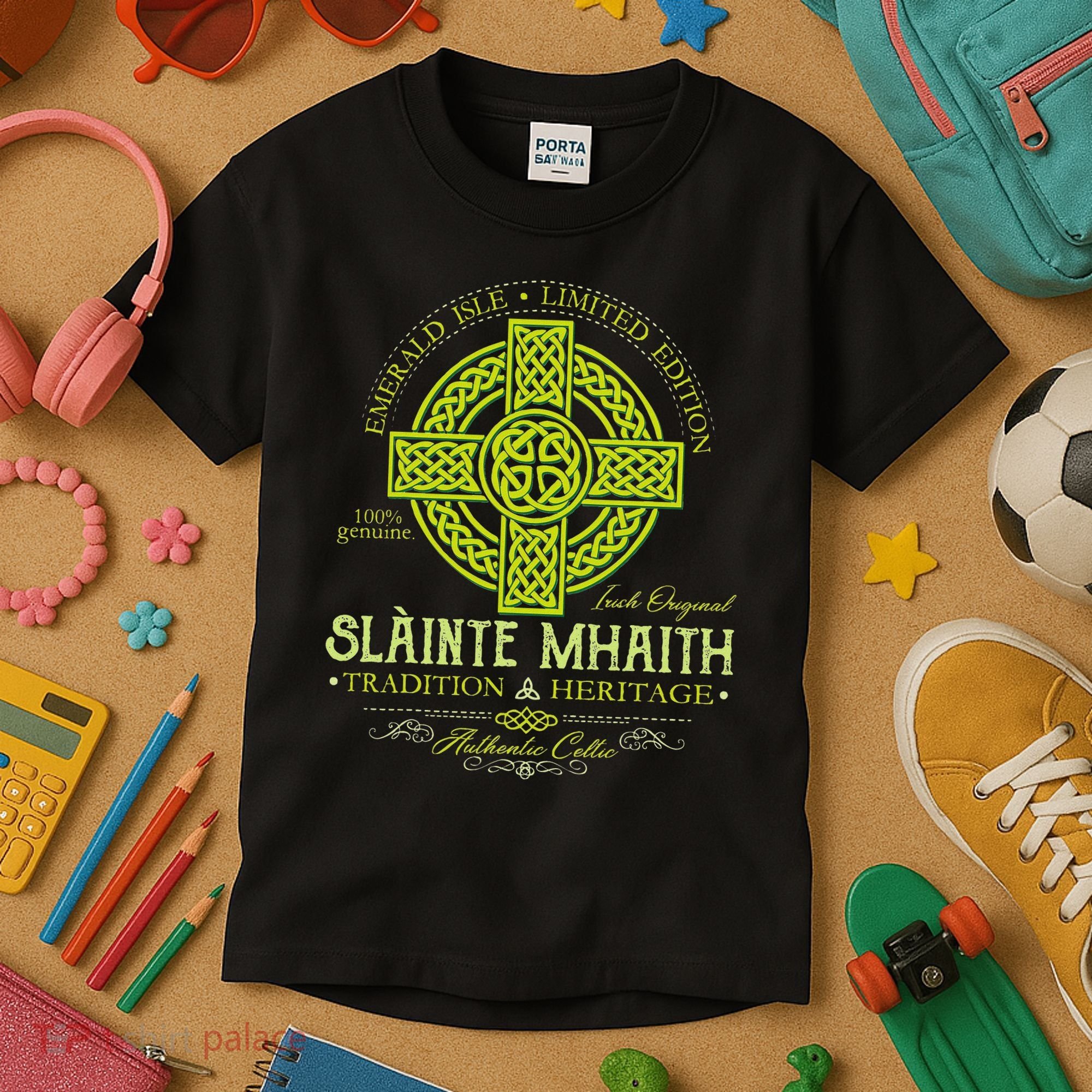 Slainte Mhaith Celtic Knot Cross Irish Original Green Kids T-Shirt