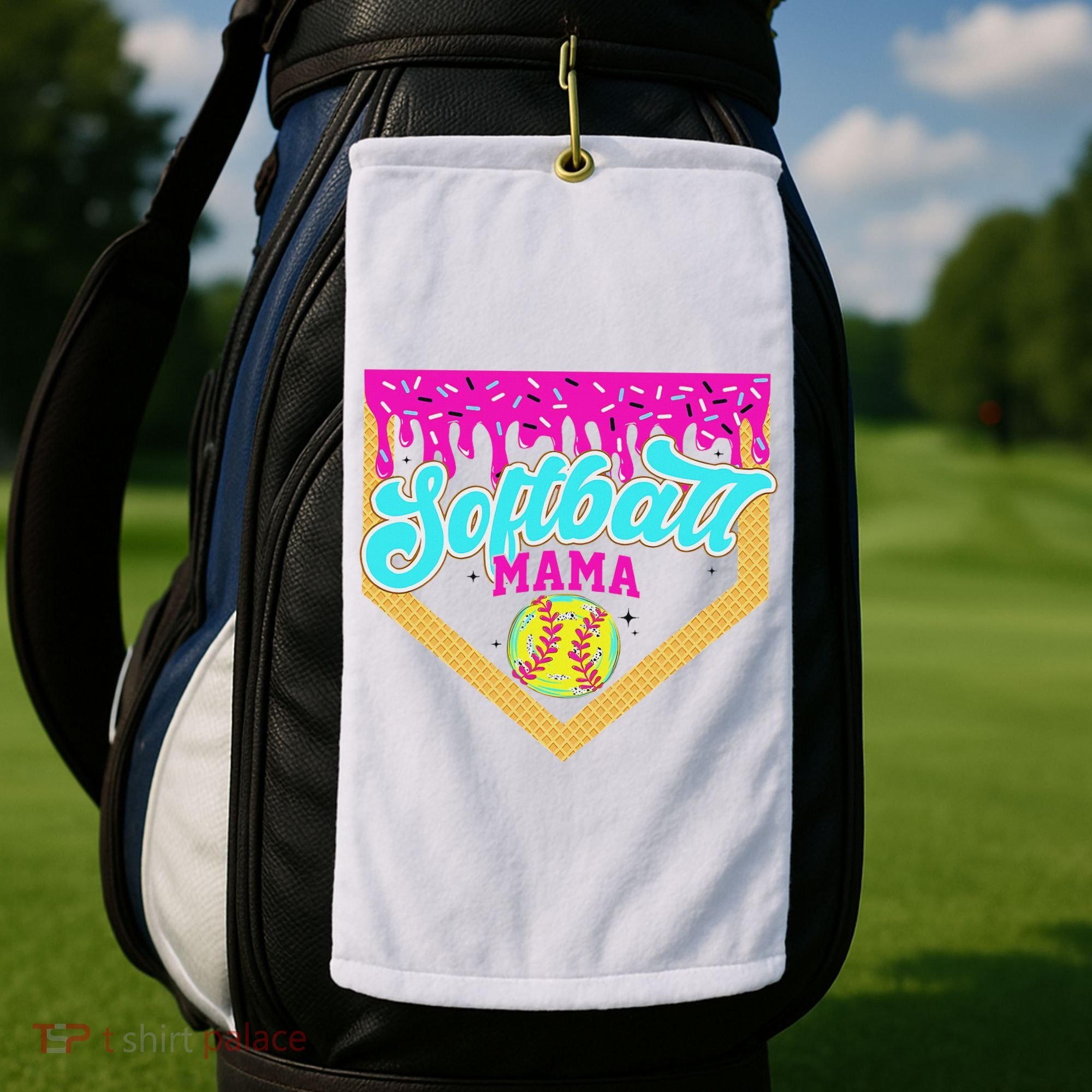 Softball Mama Drip Ice Cream Dripping Game Day Softball Mom Golf Towel