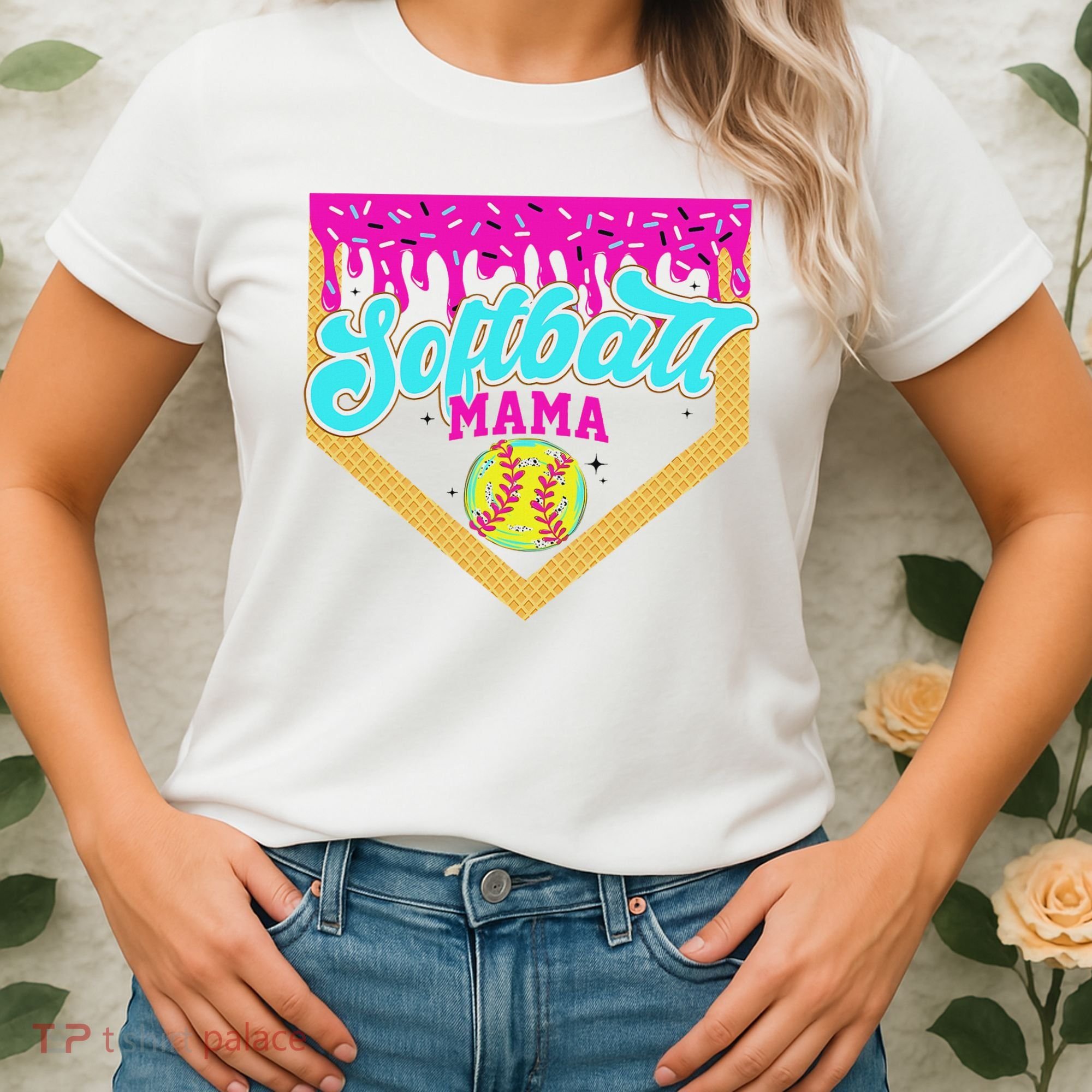 Softball Mama Drip Ice Cream Dripping Game Day Softball Mom Women's T-Shirt