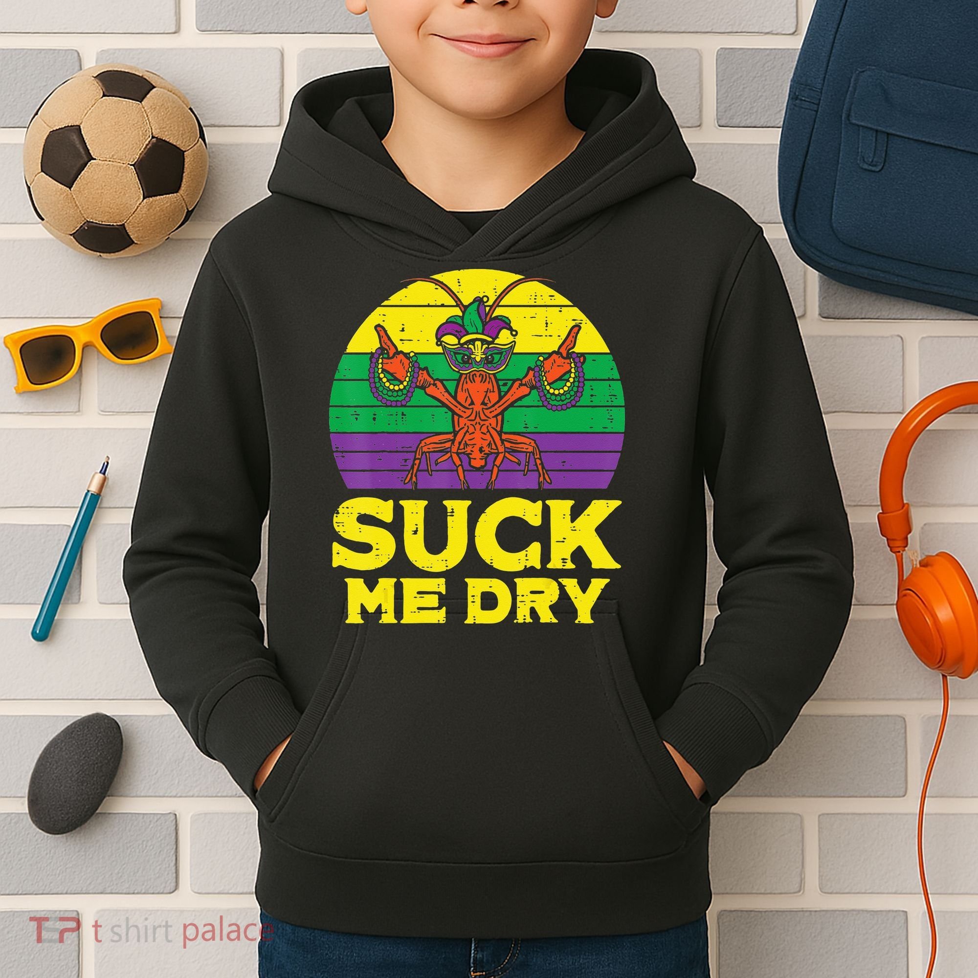 Suck Me Dry Crawfish Retro Mardi Gras Kids Hoodie