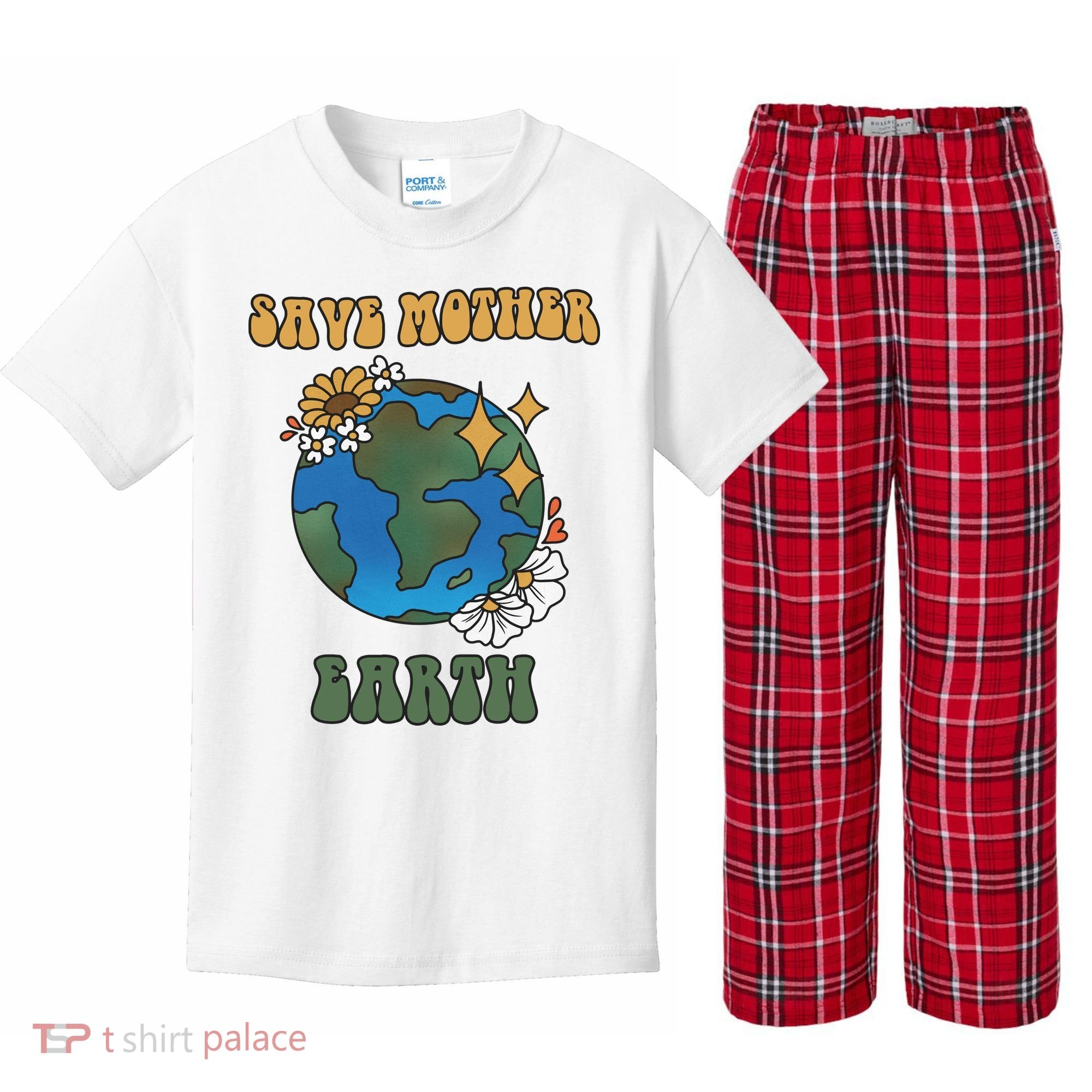 Save Mother Earth Retro Planet Floral Kids Plaid Pajama Set