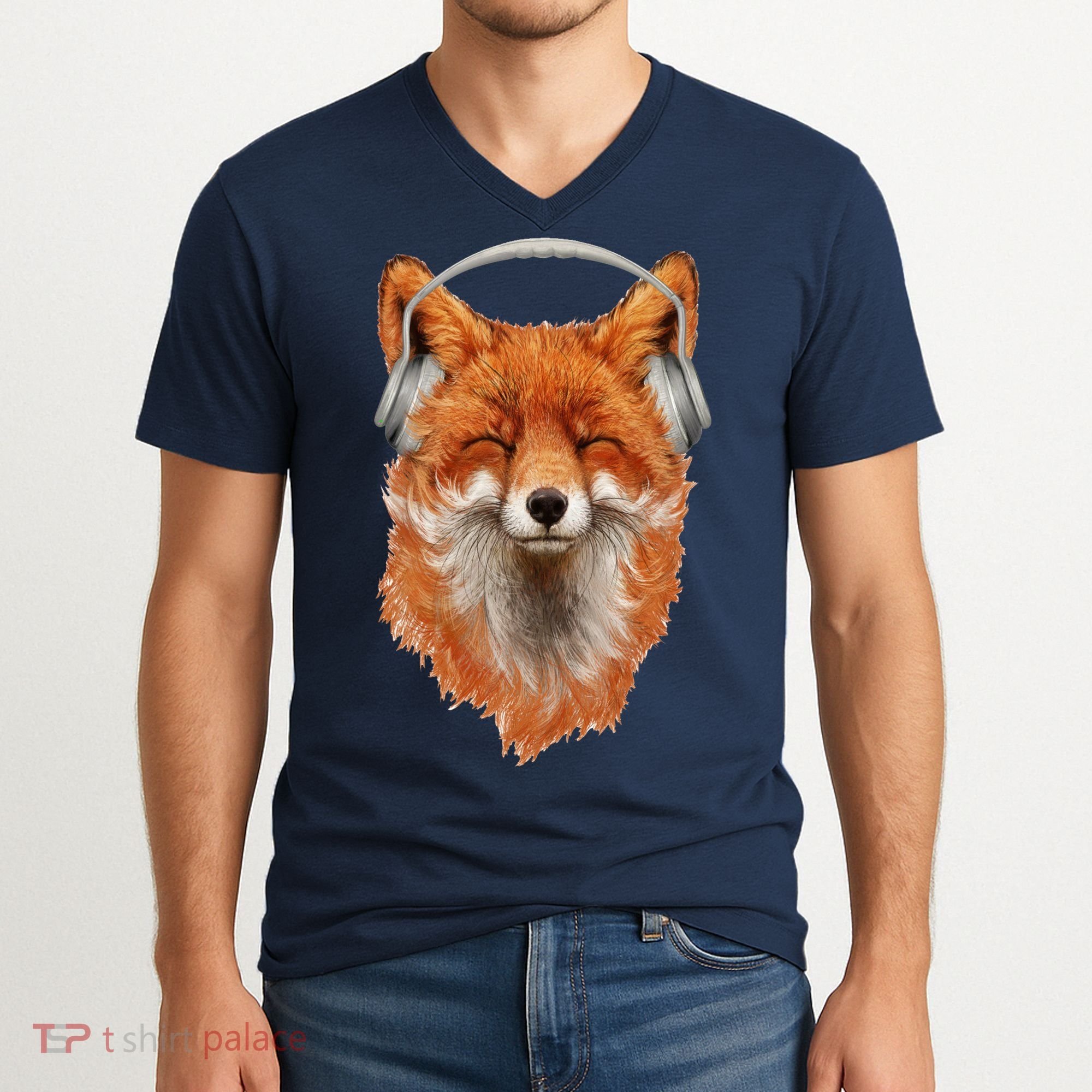 Smiling Musical Fox V-Neck T-Shirt