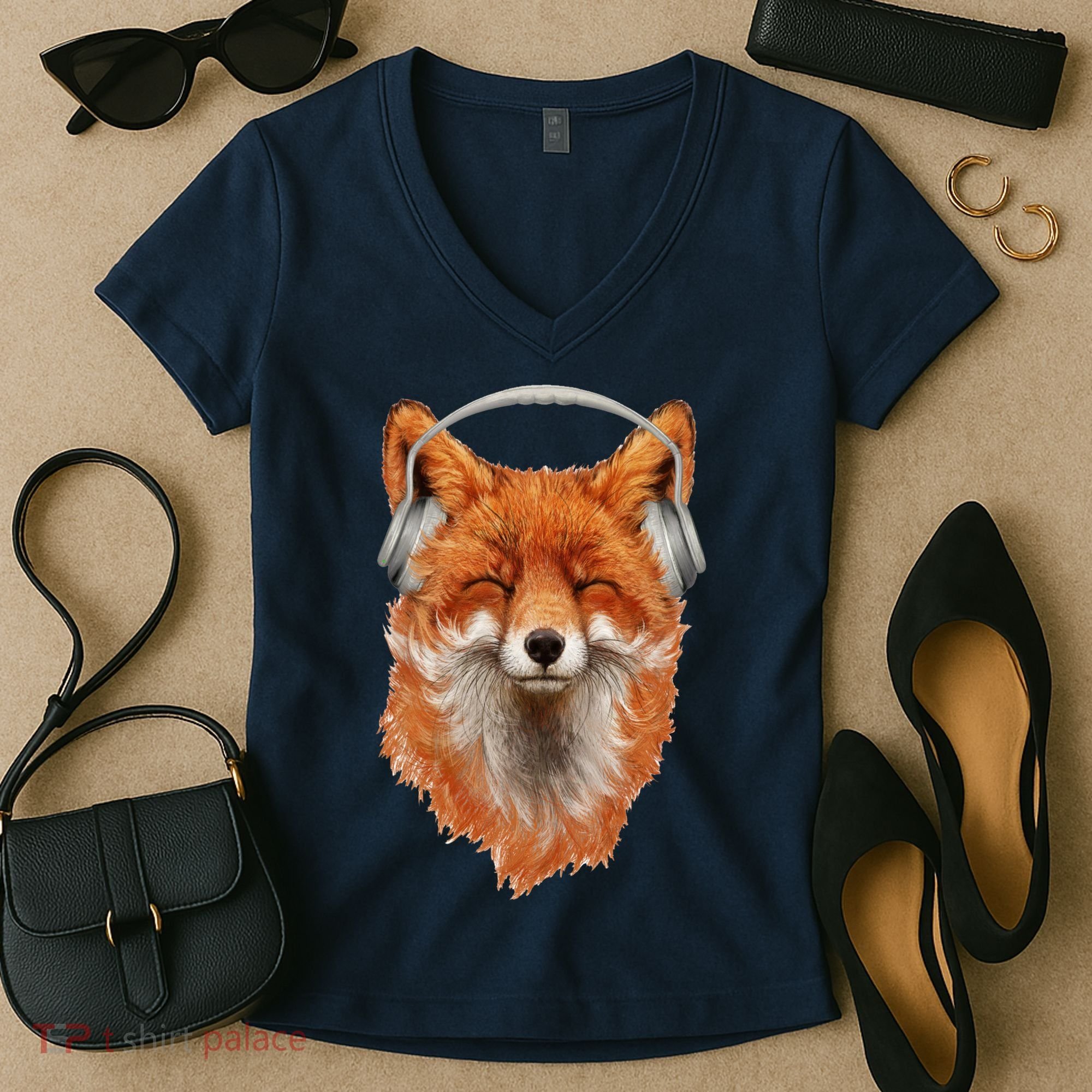 Smiling Musical Fox Women's V-Neck T-Shirt
