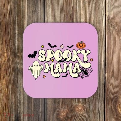 Spooky Mama Groovy Ghost Bat Pumpkin Creepy Retro Halloween Coaster