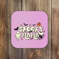 Spooky Mama Groovy Ghost Bat Pumpkin Creepy Retro Halloween Coaster thumb 0