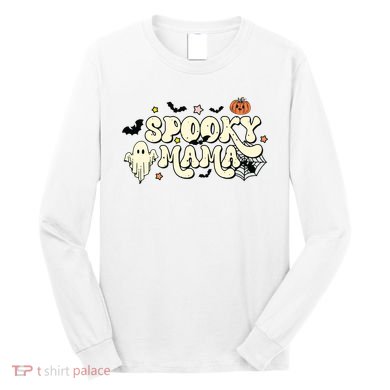 Spooky Mama Groovy Ghost Bat Pumpkin Creepy Retro Halloween Long Sleeve Shirt