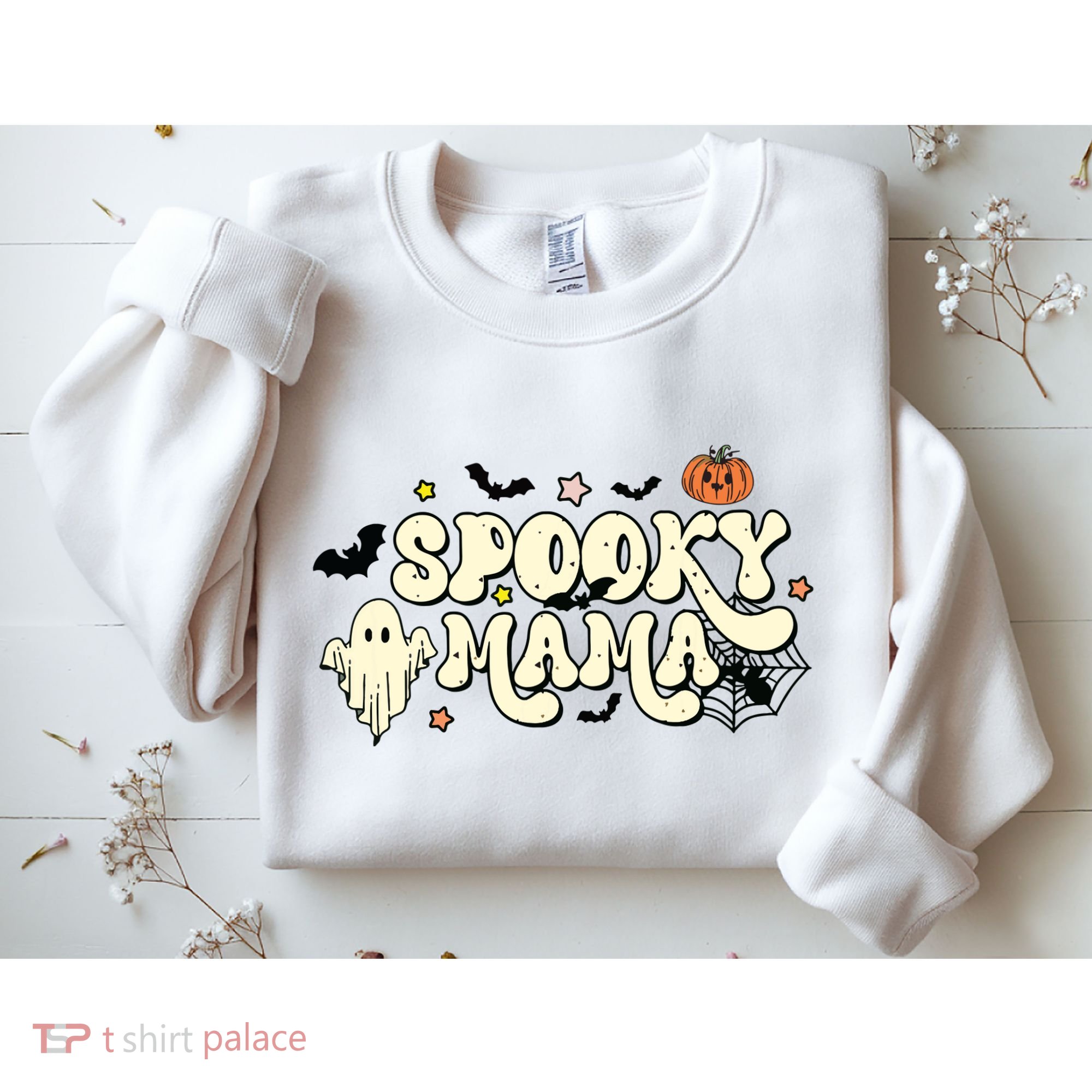 Spooky Mama Groovy Ghost Bat Pumpkin Creepy Retro Halloween Sweatshirt