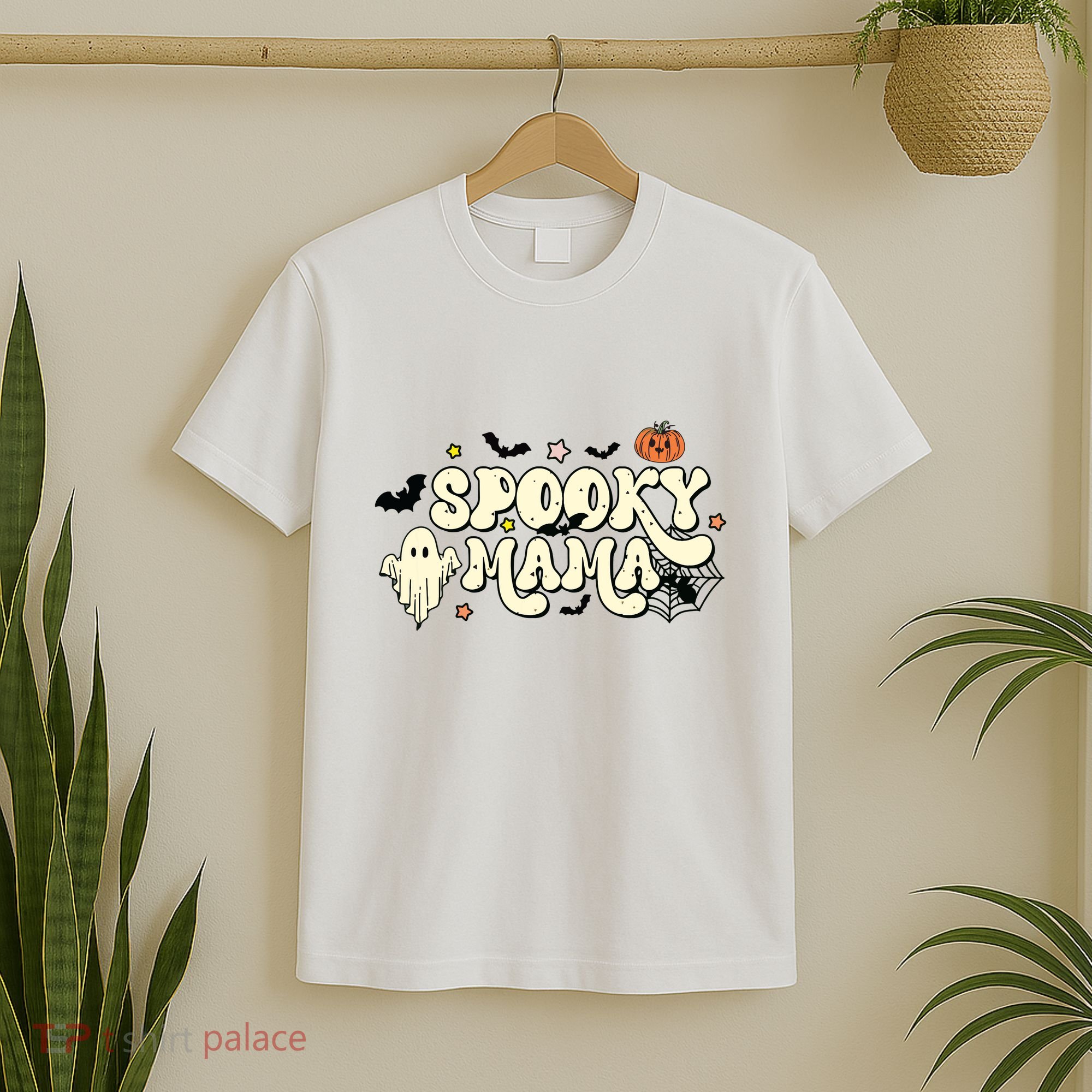 Spooky Mama Groovy Ghost Bat Pumpkin Creepy Retro Halloween T-Shirt